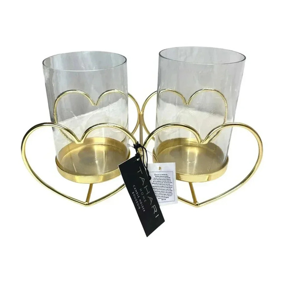 Tahari Gold Heart Clear Glass Set of 2 Pillar Candle Holders Valentines Decor - Picture 1 of 6
